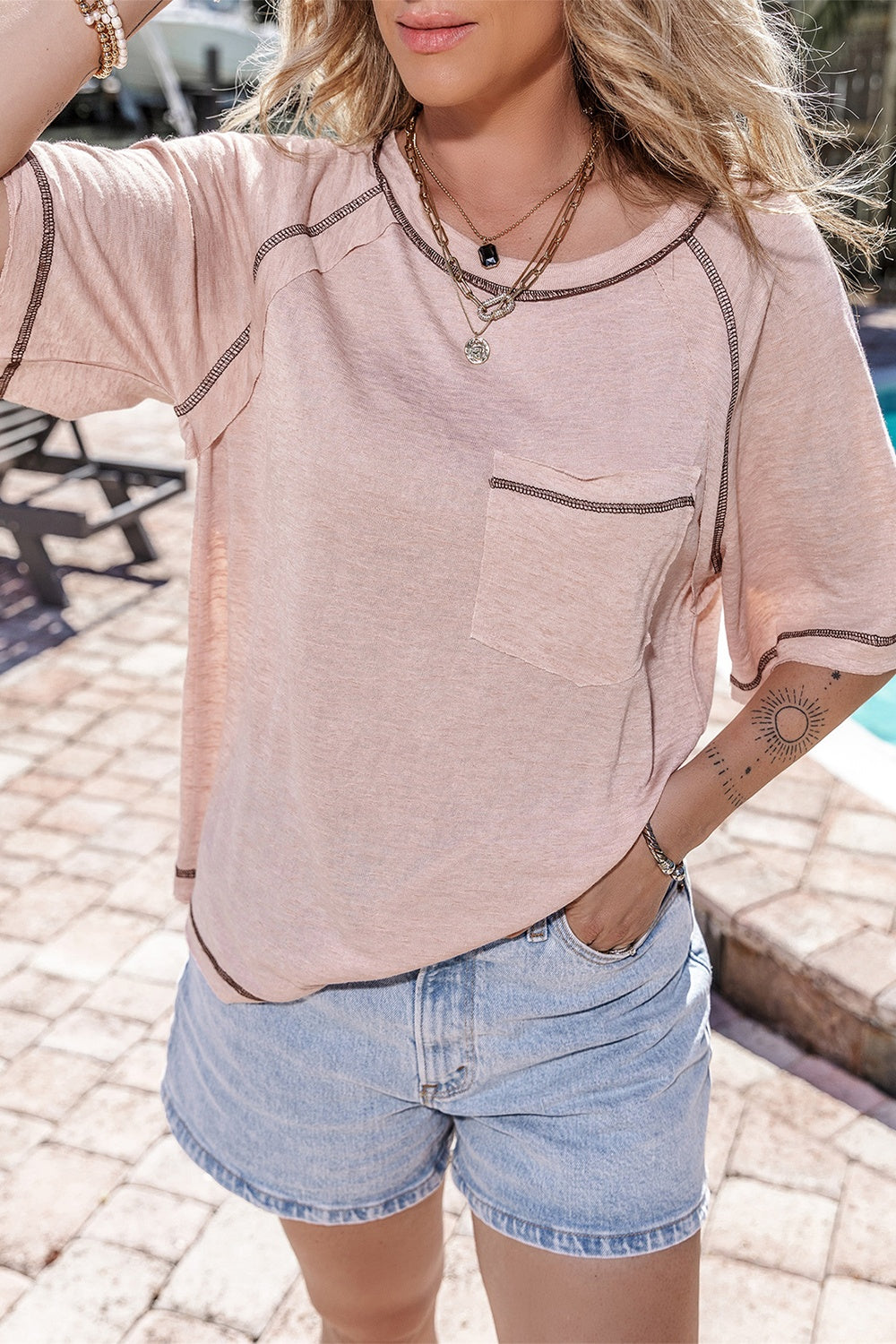 Contrast Stitching Round Neck Short Sleeve T-Shirt - Whateversit