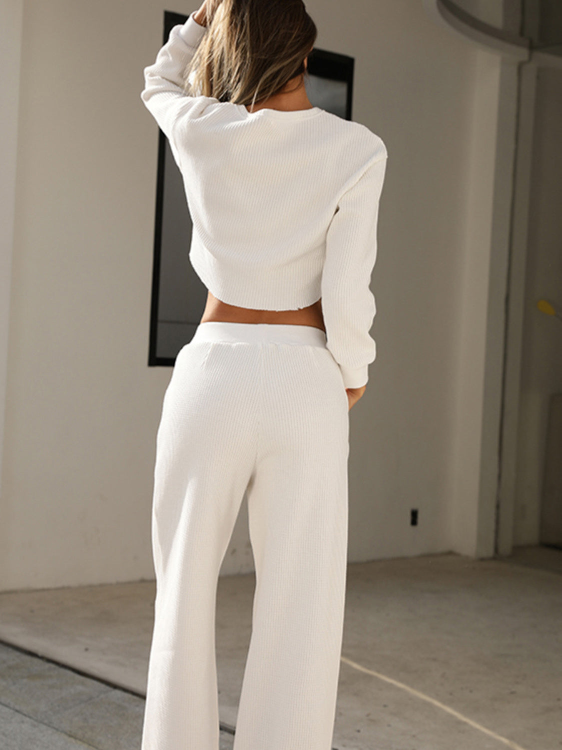 Waffle-Knit Round Neck Top and Pants Set - Whateversit
