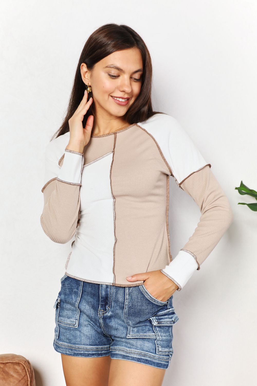 Double Take Color Block Exposed Seam Top - Whateversit