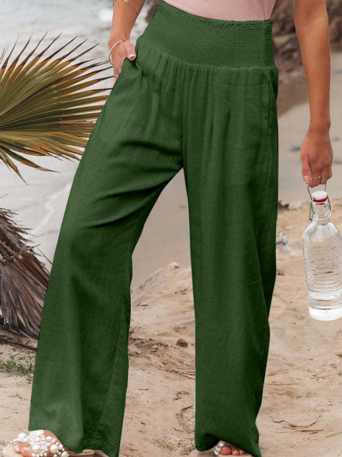 Full Size Smocked Waist Wide Leg Pants - Whateversit