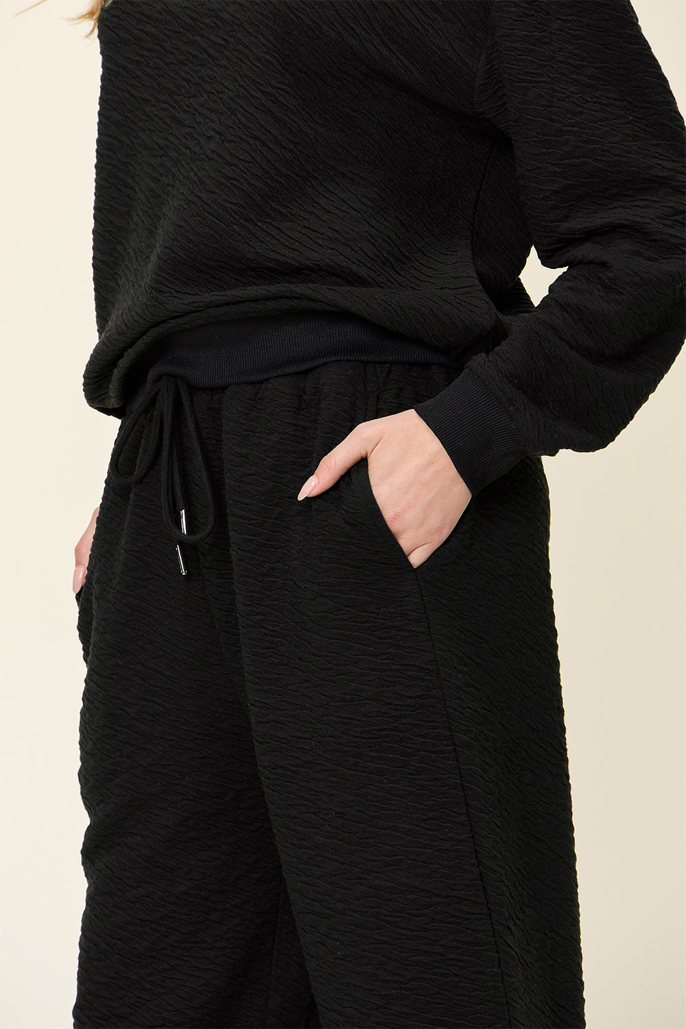 Double Take Full Size Texture Long Sleeve Top and Pants Set - Whateversit