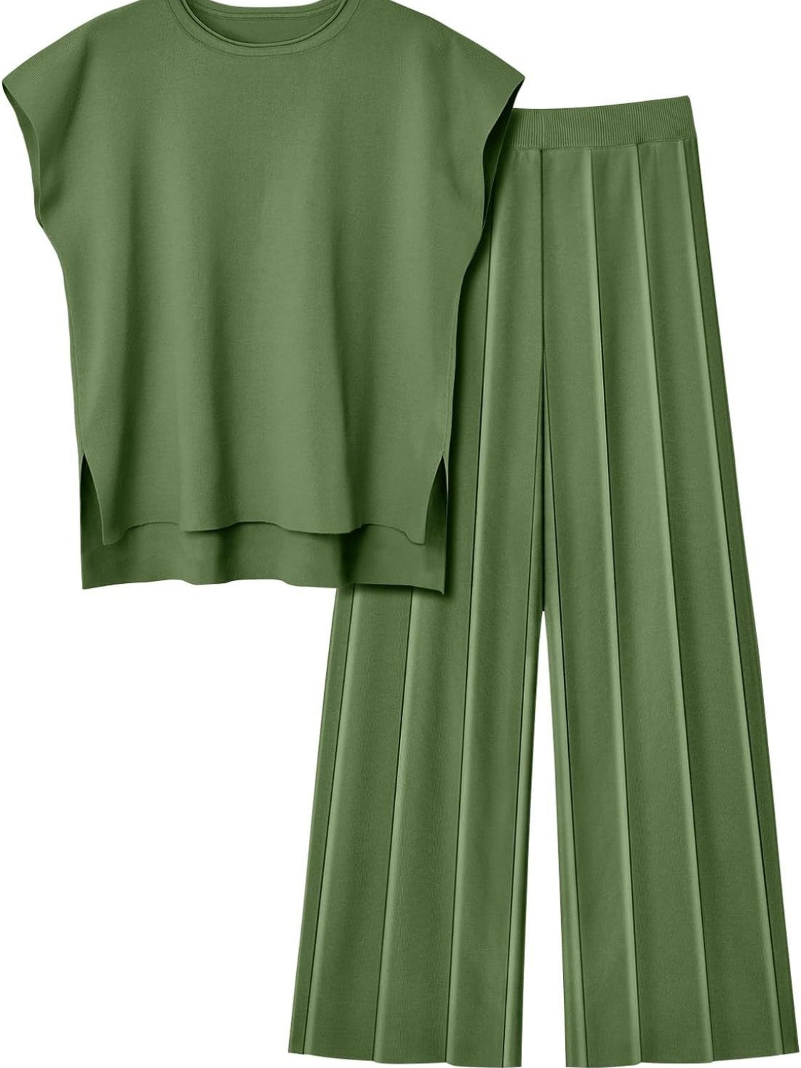 Round Neck Cap Sleeve Top and Pants Knit Set - Whateversit