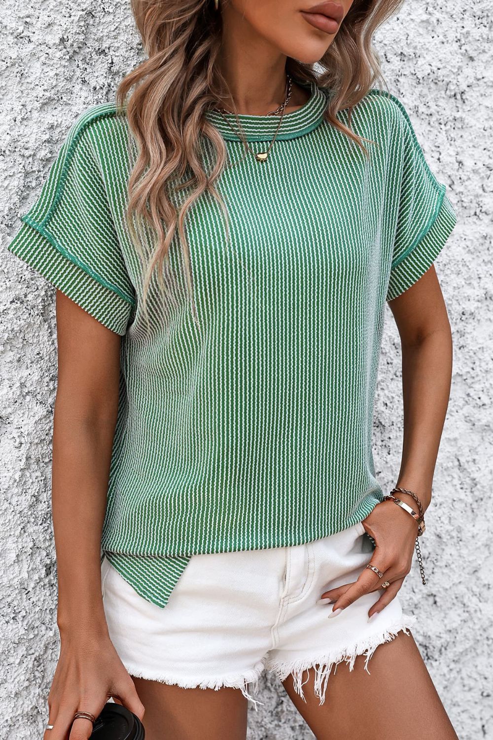 Striped Round Neck Short Sleeve T-Shirt - Whateversit
