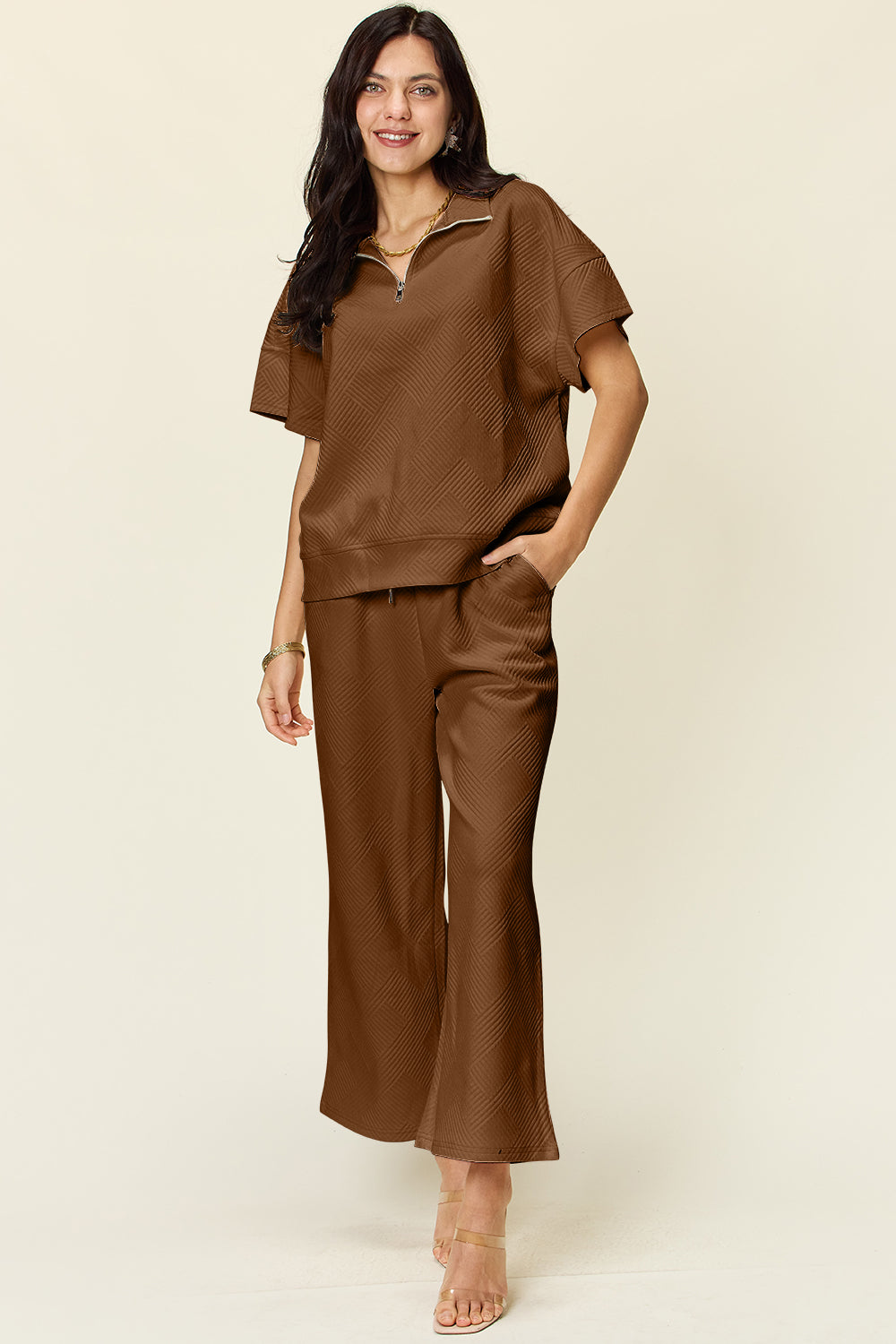 Double Take Full Size Texture Half Zip Short Sleeve Top and Pants Set - Whateversit