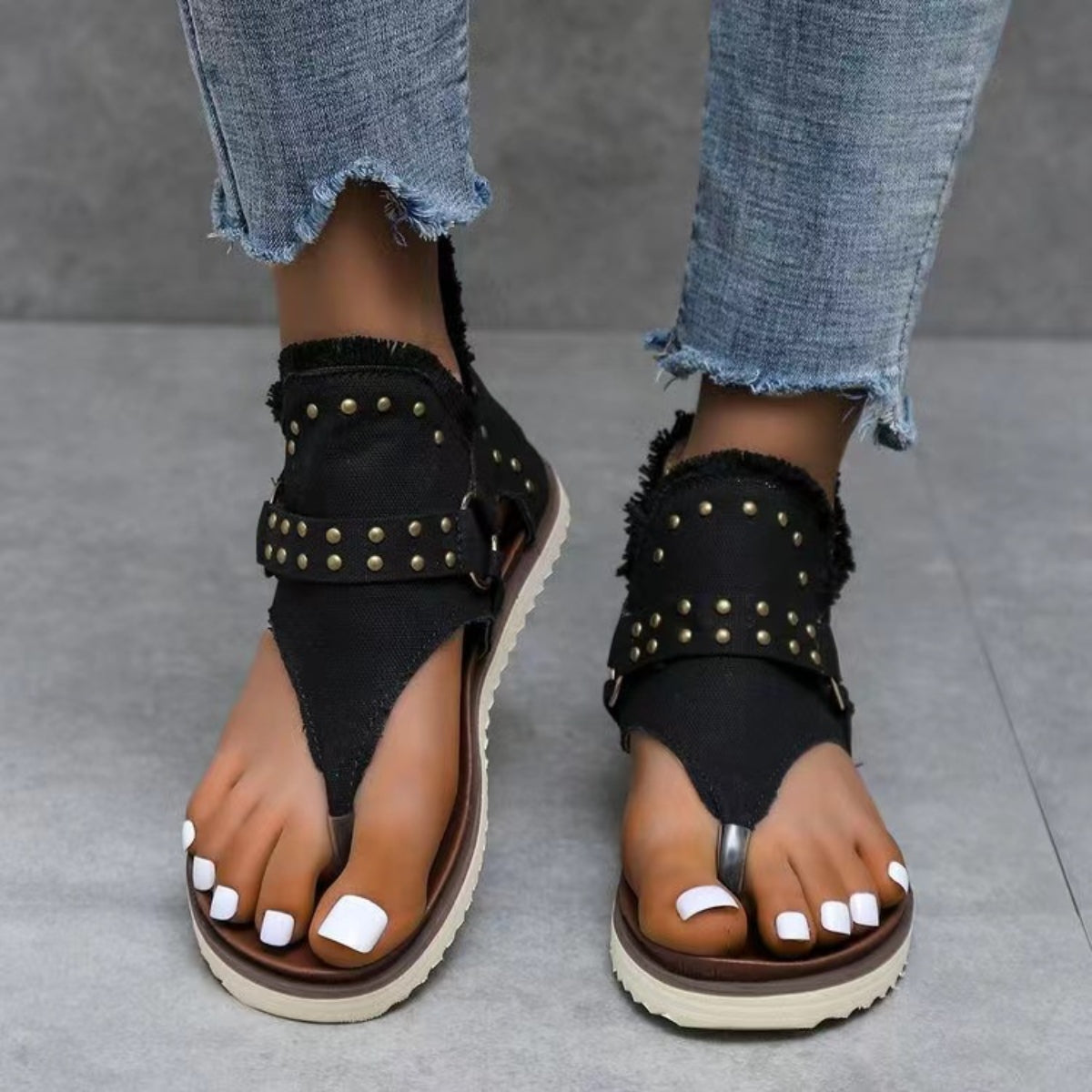 Studded Raw Hem Flat Sandals - Whateversit