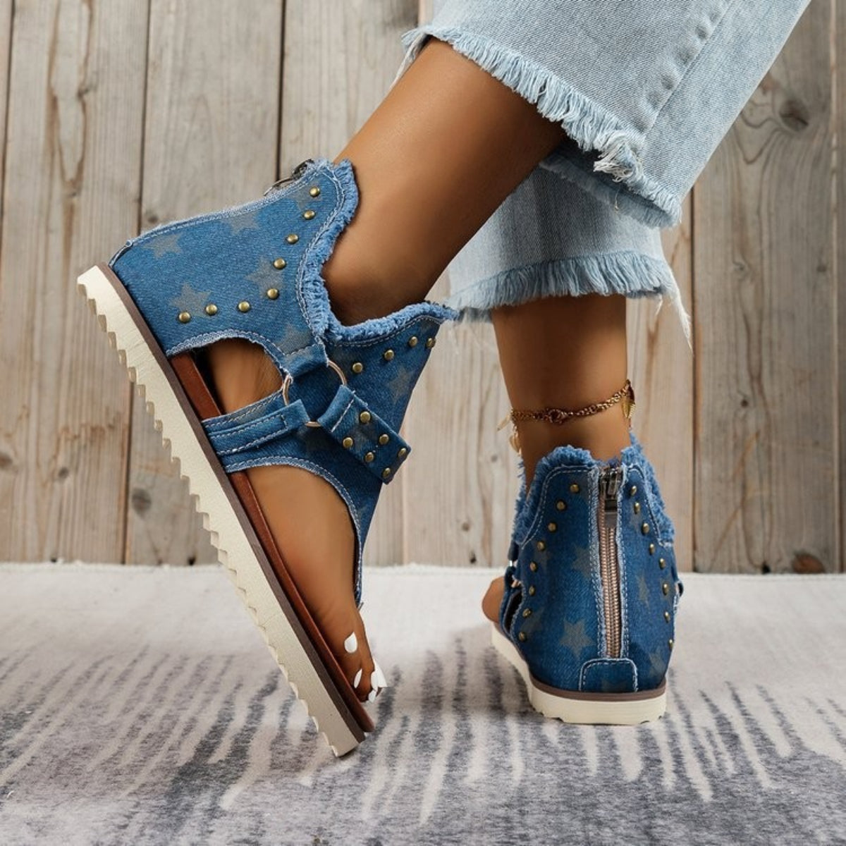 Studded Raw Hem Flat Sandals - Whateversit