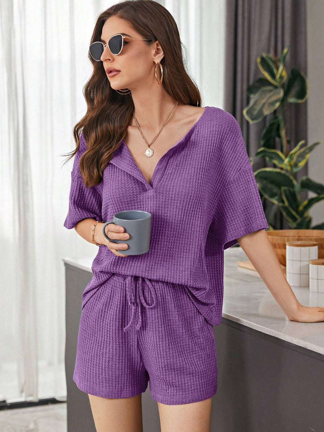 Full Size Waffle-Knit Dropped Shoulder Top and Shorts Set - Whateversit