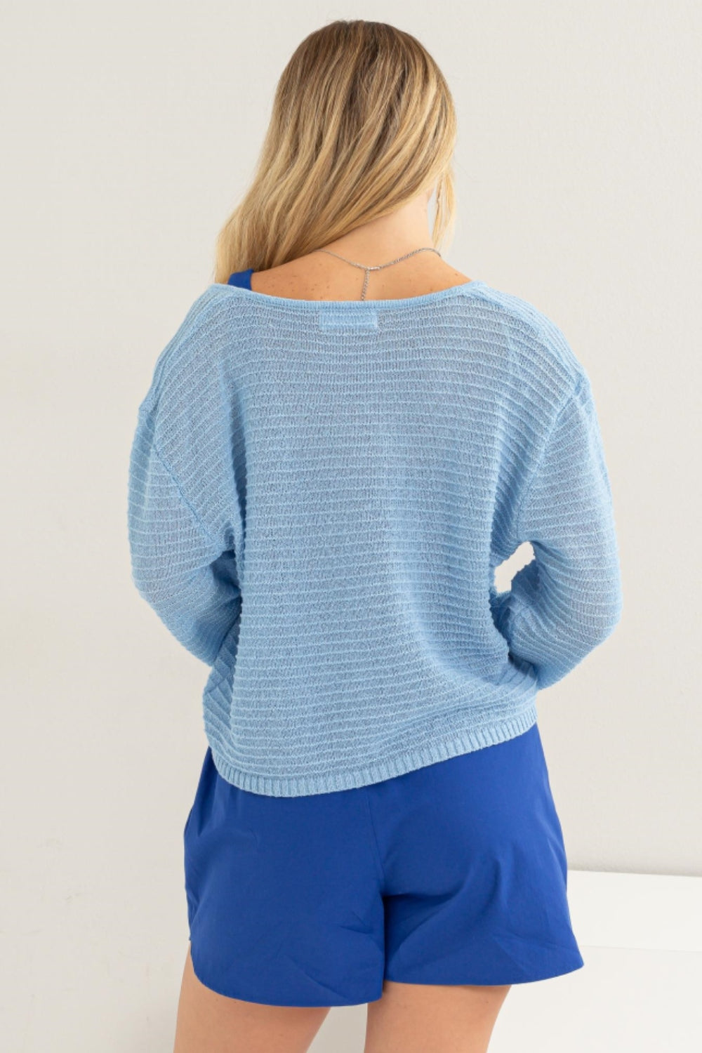 HYFVE V-Neck Stripe Texture Long Sleeve Top - Whateversit