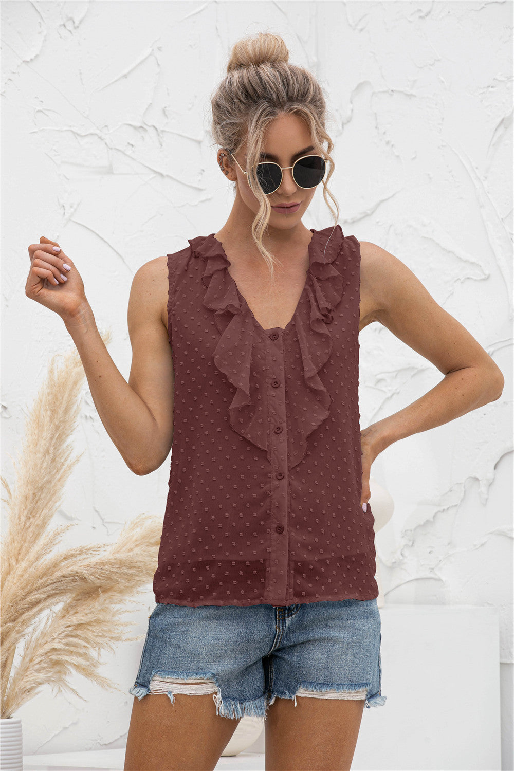 Swiss Dot Ruffled Wide Strap Tank - Whateversit