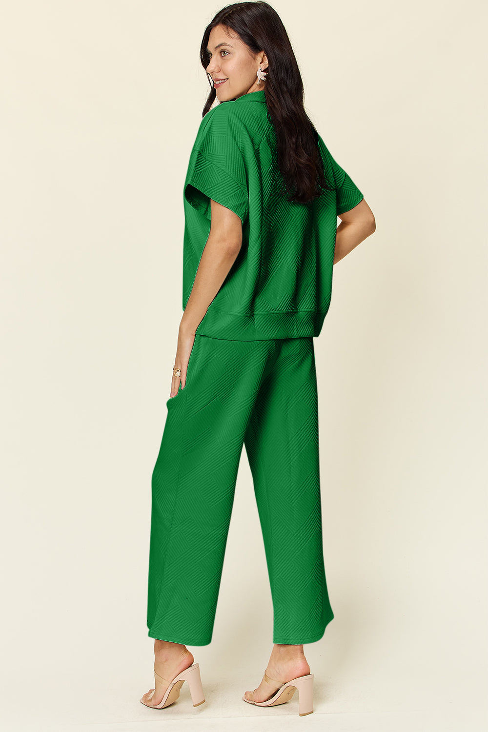 Double Take Full Size Texture Half Zip Short Sleeve Top and Pants Set - Whateversit
