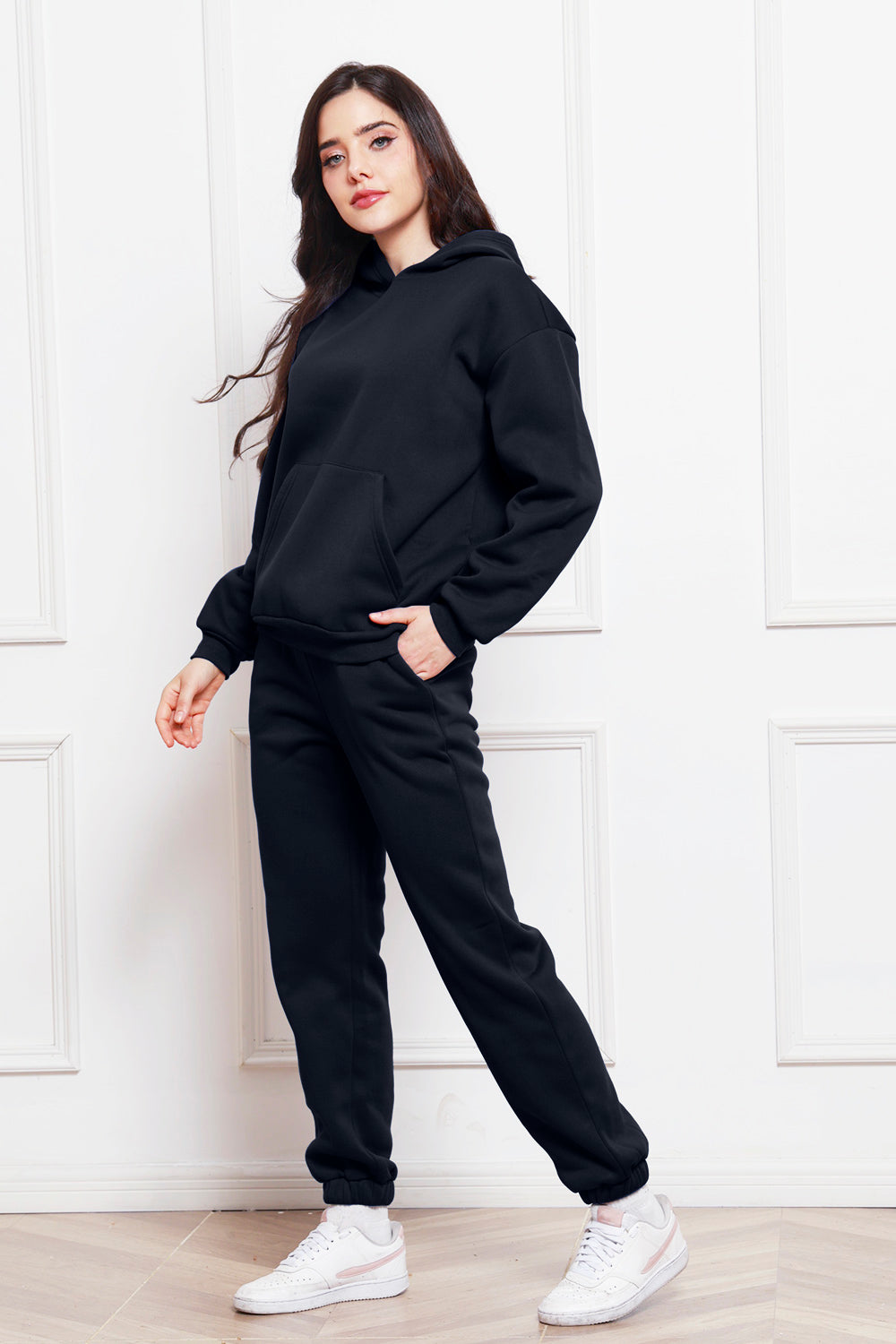 Drop Shoulder Long Sleeve Hoodie and Pants Set - Whateversit