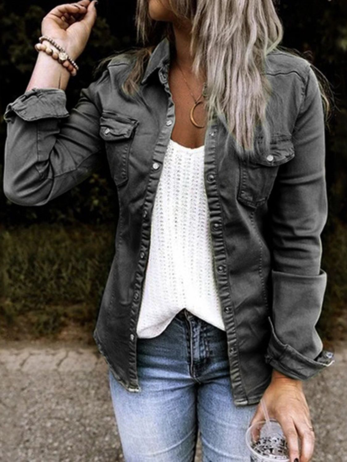 Double Take Full Size Snap Down Long Sleeve Shacket - Whateversit