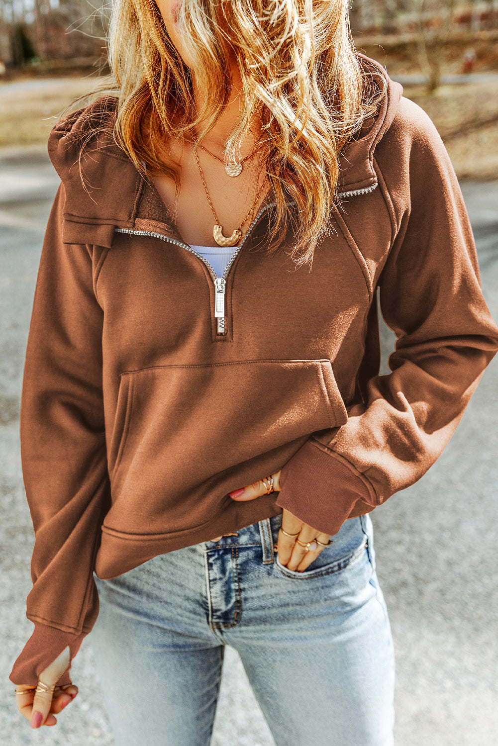 Double Take Half-Zip Thumbhole Sleeve Hoodie