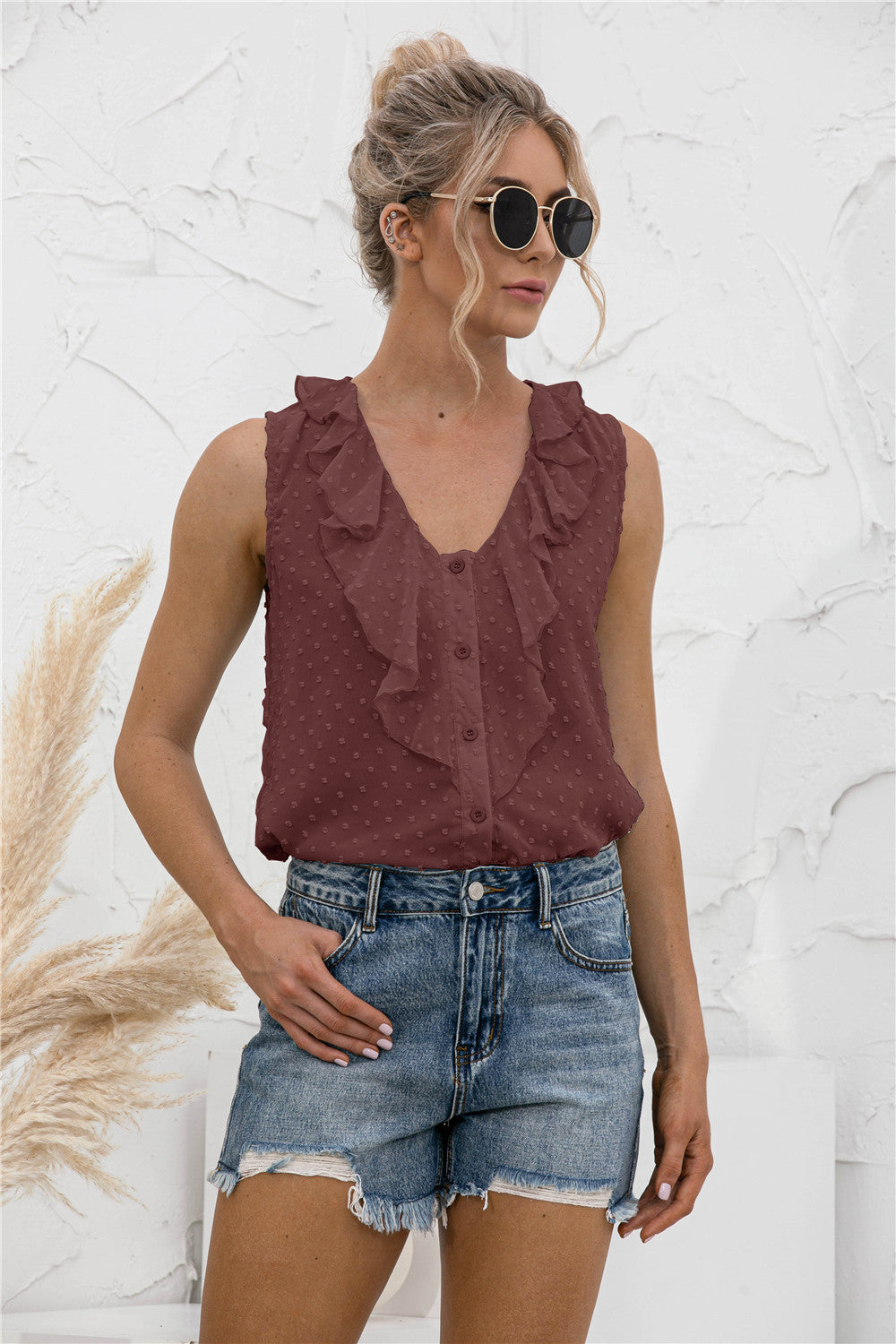 Swiss Dot Ruffled Wide Strap Tank - Whateversit