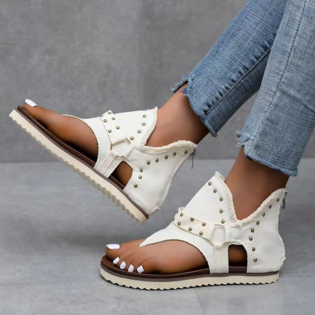 Studded Raw Hem Flat Sandals - Whateversit