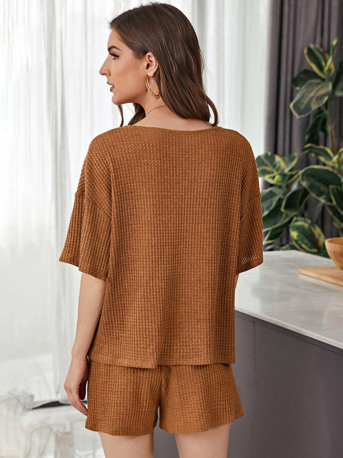 Full Size Waffle-Knit Dropped Shoulder Top and Shorts Set - Whateversit