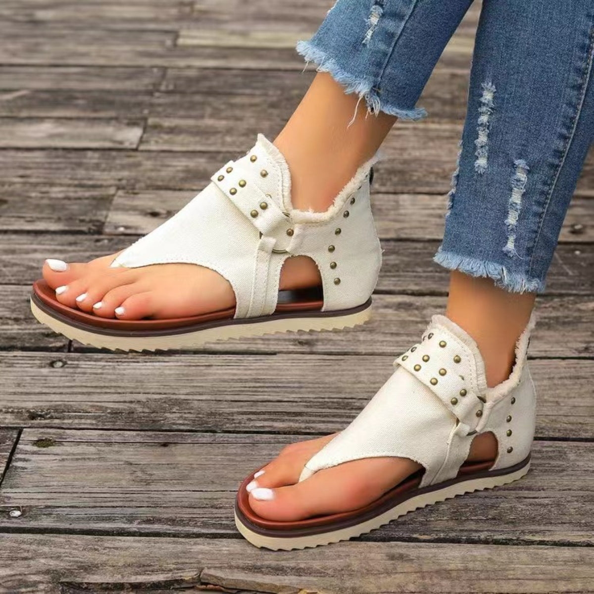 Studded Raw Hem Flat Sandals - Whateversit