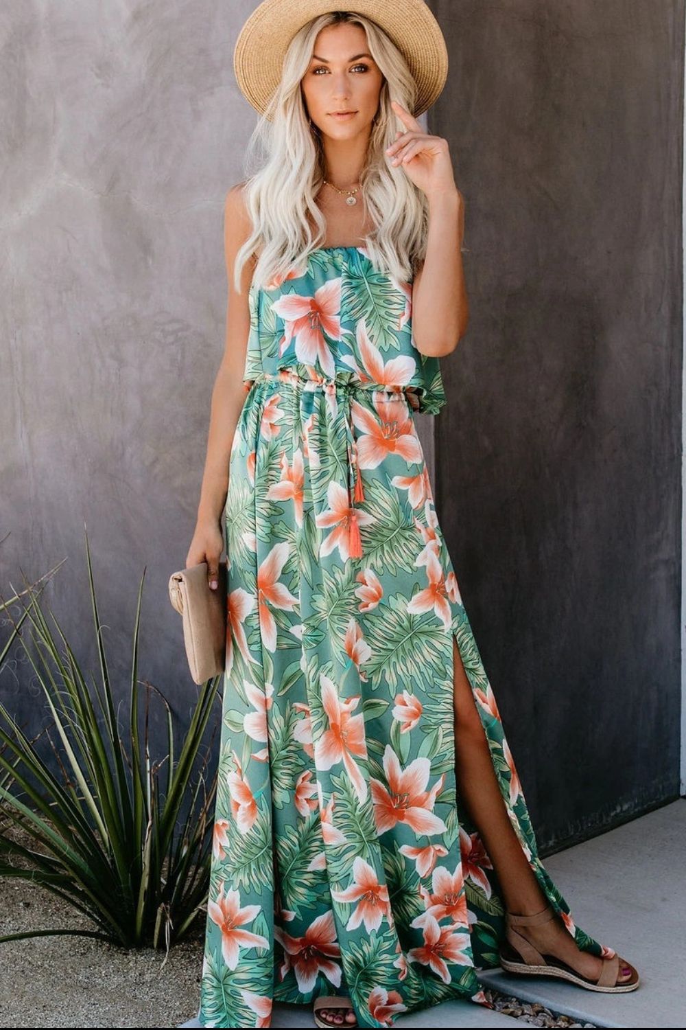 Slit Tropical Sleeveless Tube Dress - Whateversit