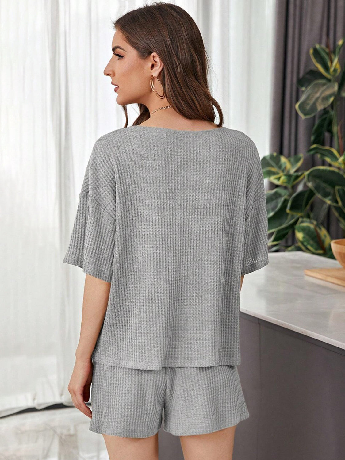 Full Size Waffle-Knit Dropped Shoulder Top and Shorts Set - Whateversit