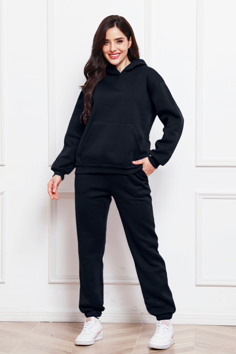Drop Shoulder Long Sleeve Hoodie and Pants Set - Whateversit