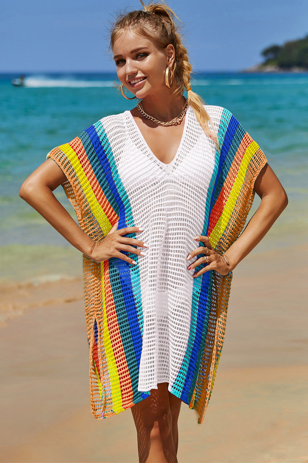 Double Take Openwork Striped Slit Knit Cover Up - Whateversit