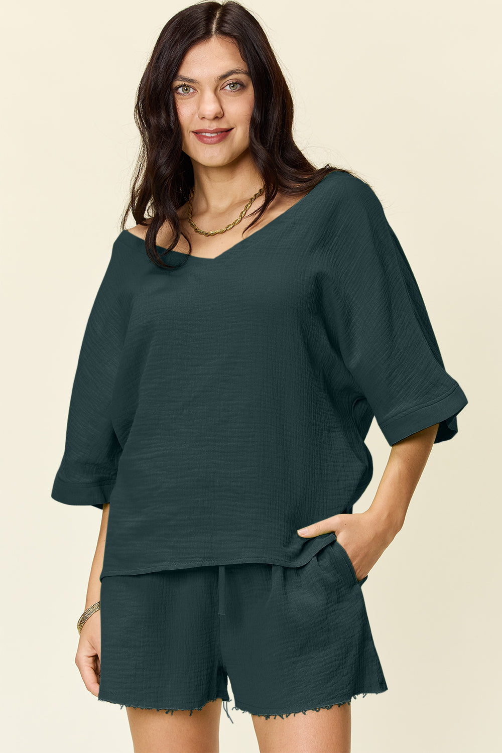 Double Take Texture Half Sleeve T-Shirt and Drawstring Shorts Set - Whateversit