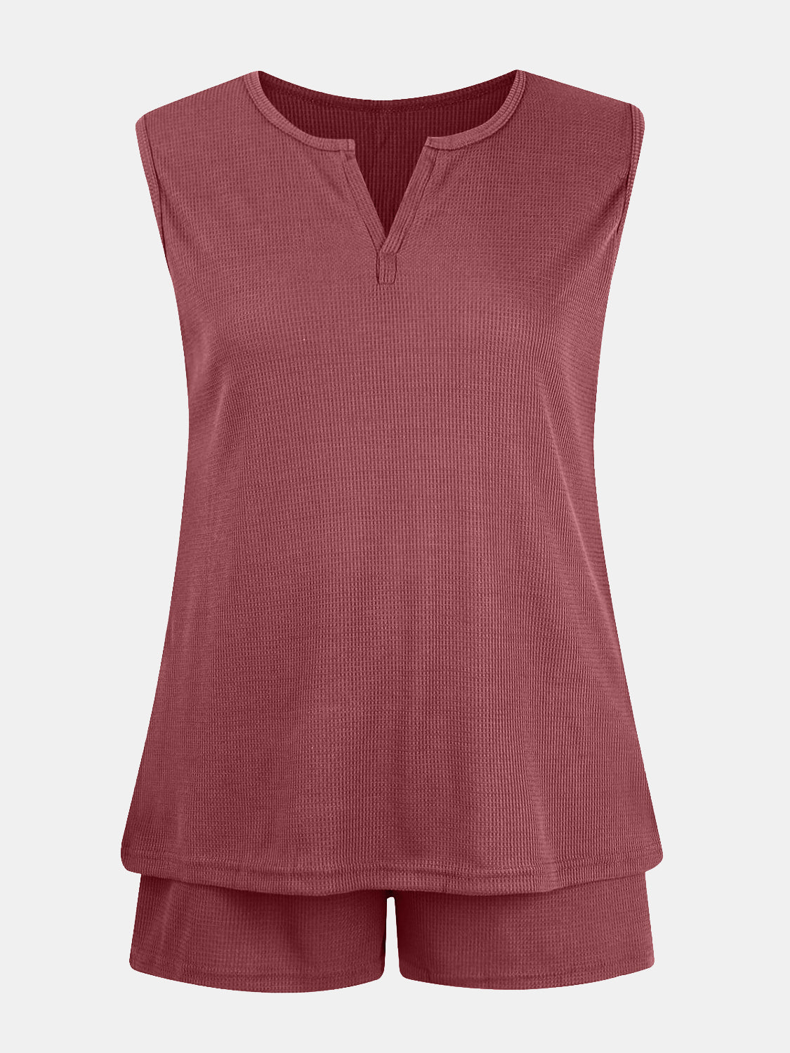 Full Size Waffle-Knit Notched Top and Shorts Set - Whateversit
