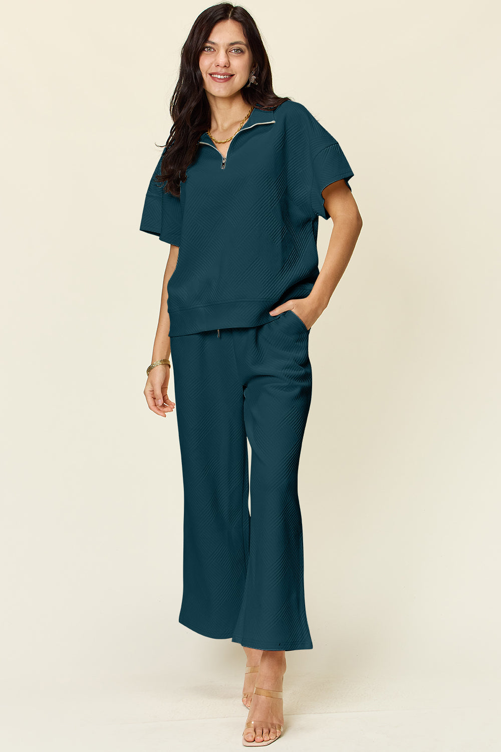 Double Take Full Size Texture Half Zip Short Sleeve Top and Pants Set - Whateversit