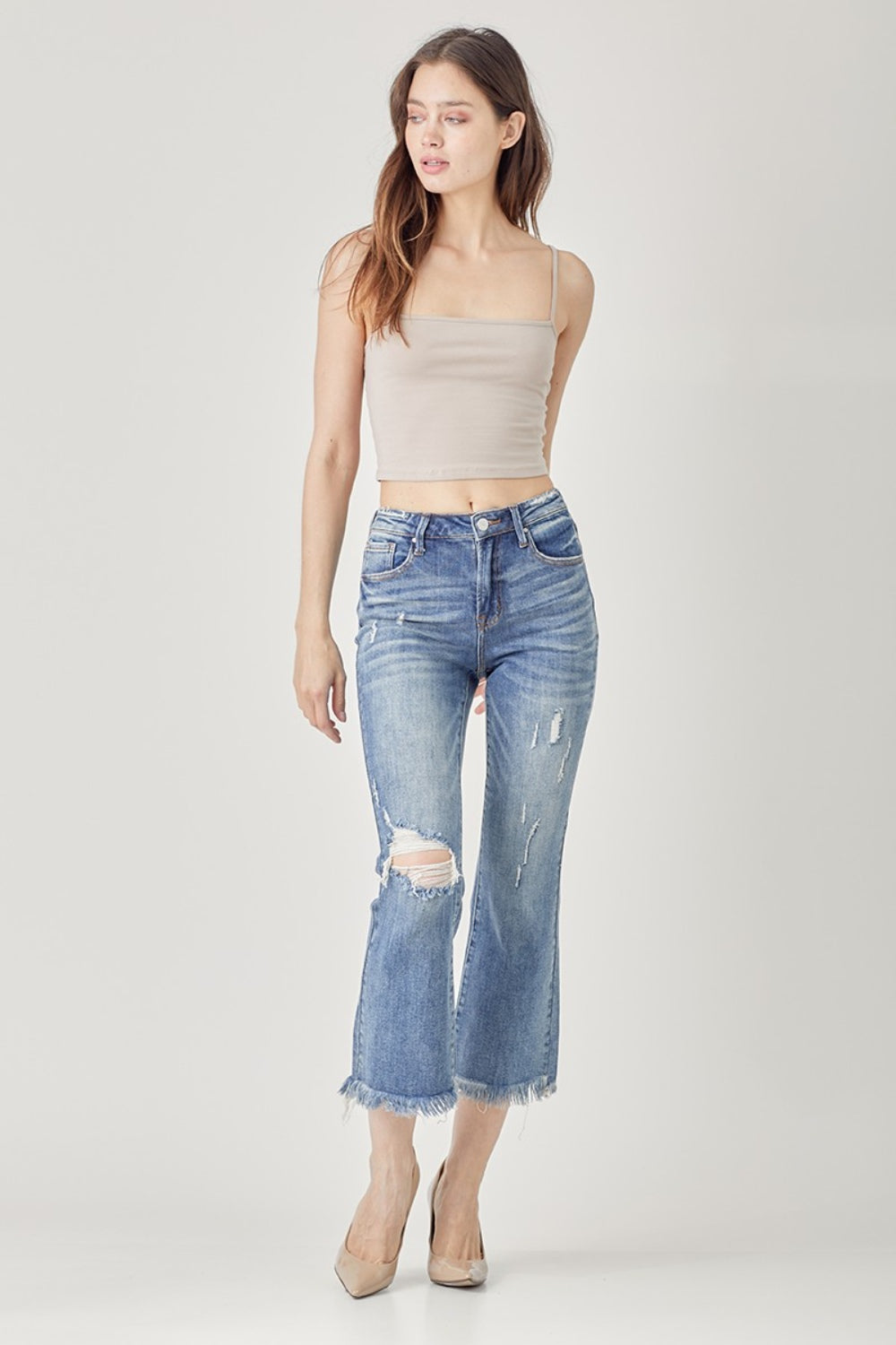 RISEN High Waist Distressed Cropped Bootcut Jeans - Whateversit