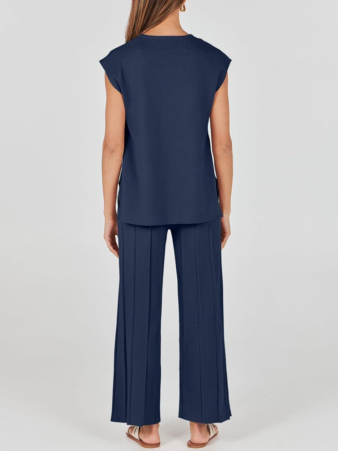 Round Neck Cap Sleeve Top and Pants Knit Set - Whateversit