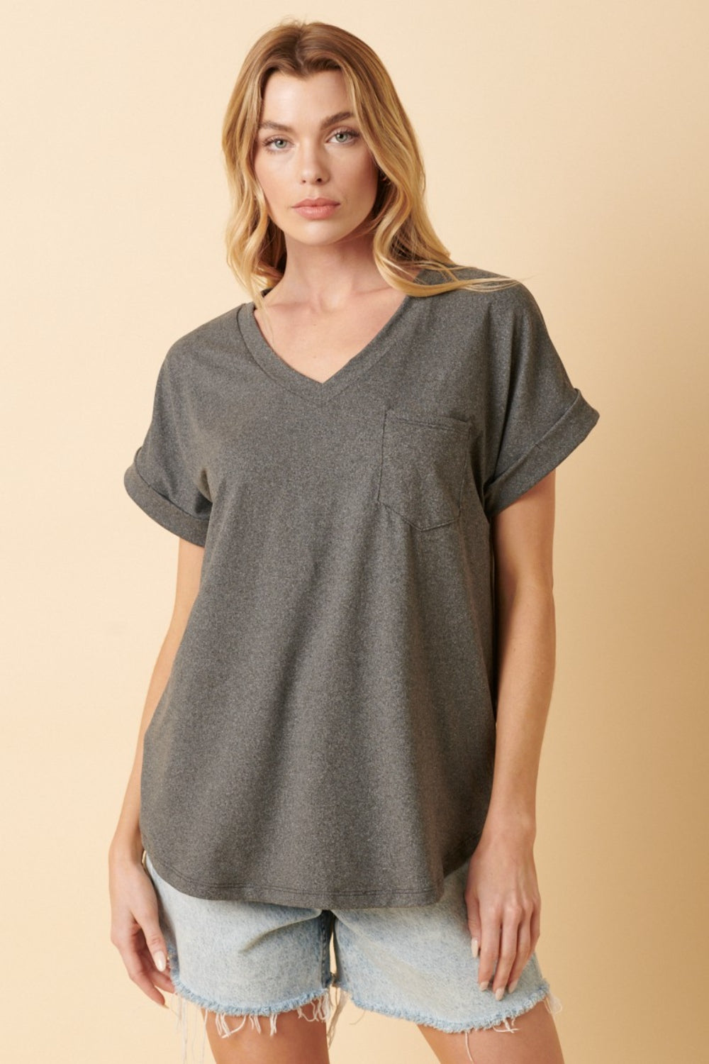 Mittoshop Full Size V-Neck Rolled Short Sleeve T-Shirt - Whateversit