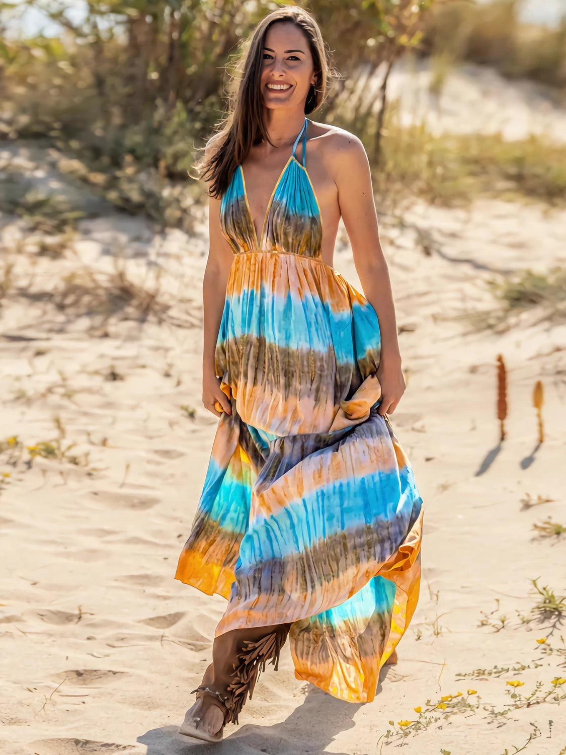 Tie-Dye Halter Neck Sleeveless Dress - Whateversit