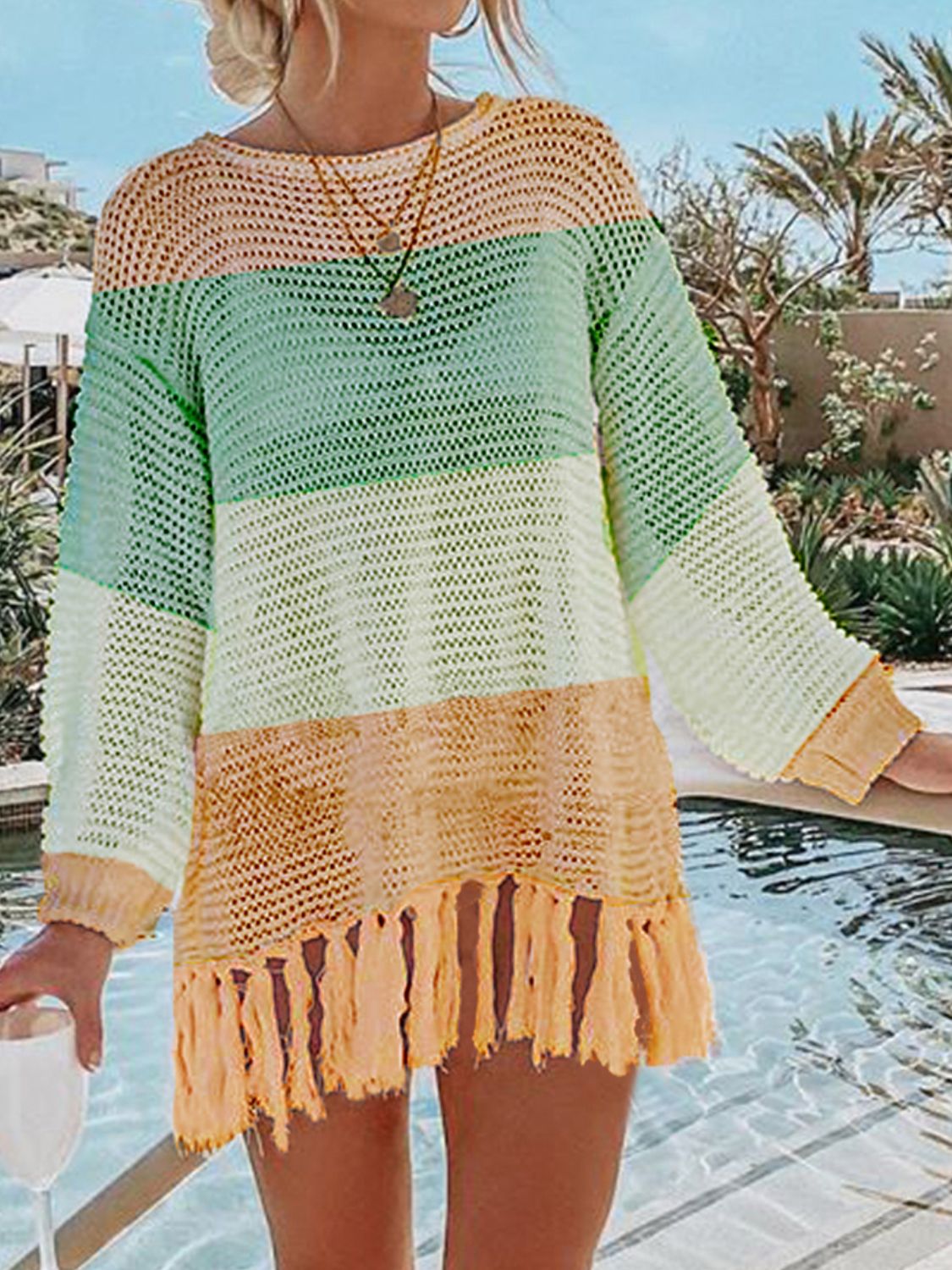 Double Take Openwork Tassel Hem Long Sleeve Knit Cover Up - Whateversit