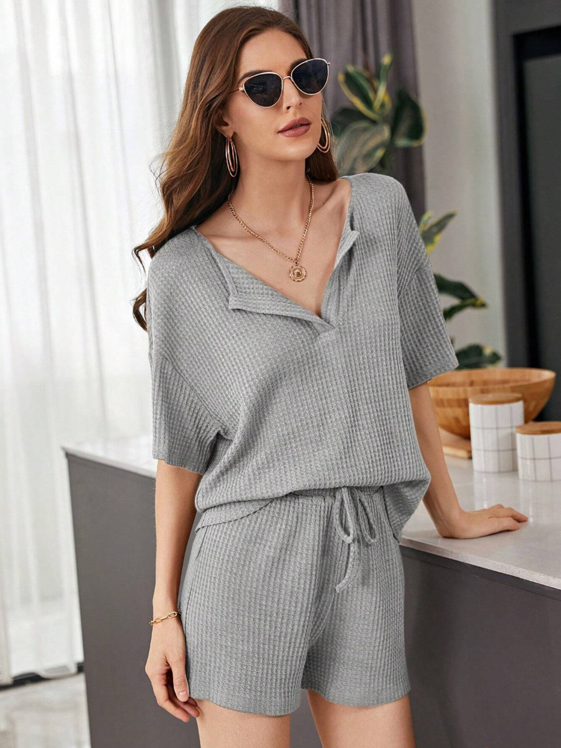Full Size Waffle-Knit Dropped Shoulder Top and Shorts Set - Whateversit