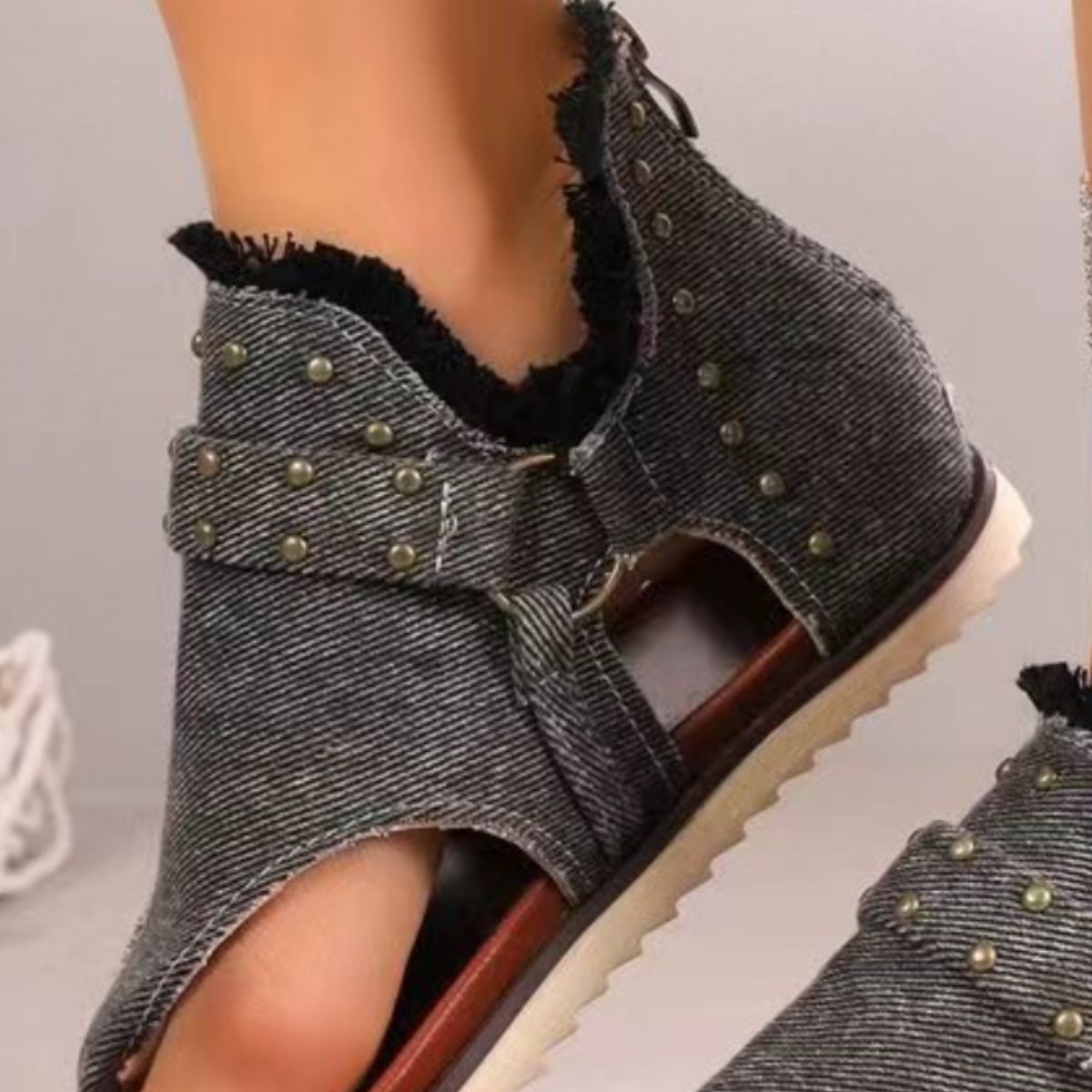 Studded Raw Hem Flat Sandals - Whateversit