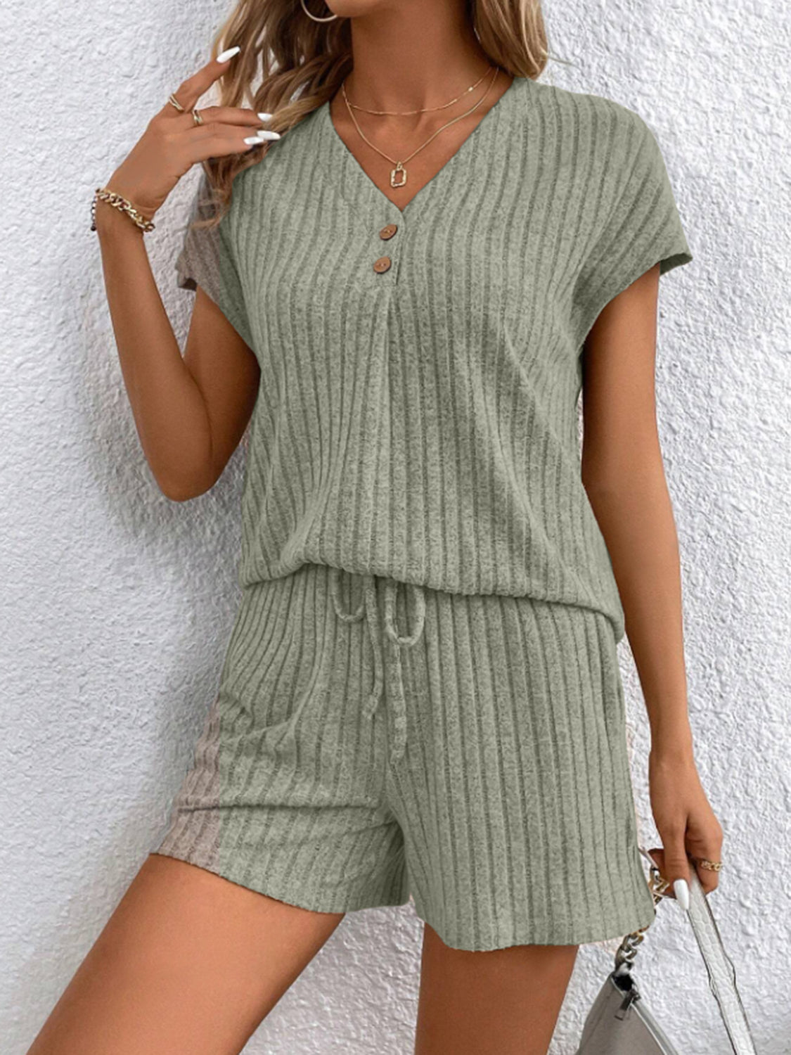 Ribbed V-Neck Top and Shorts Set - Whateversit
