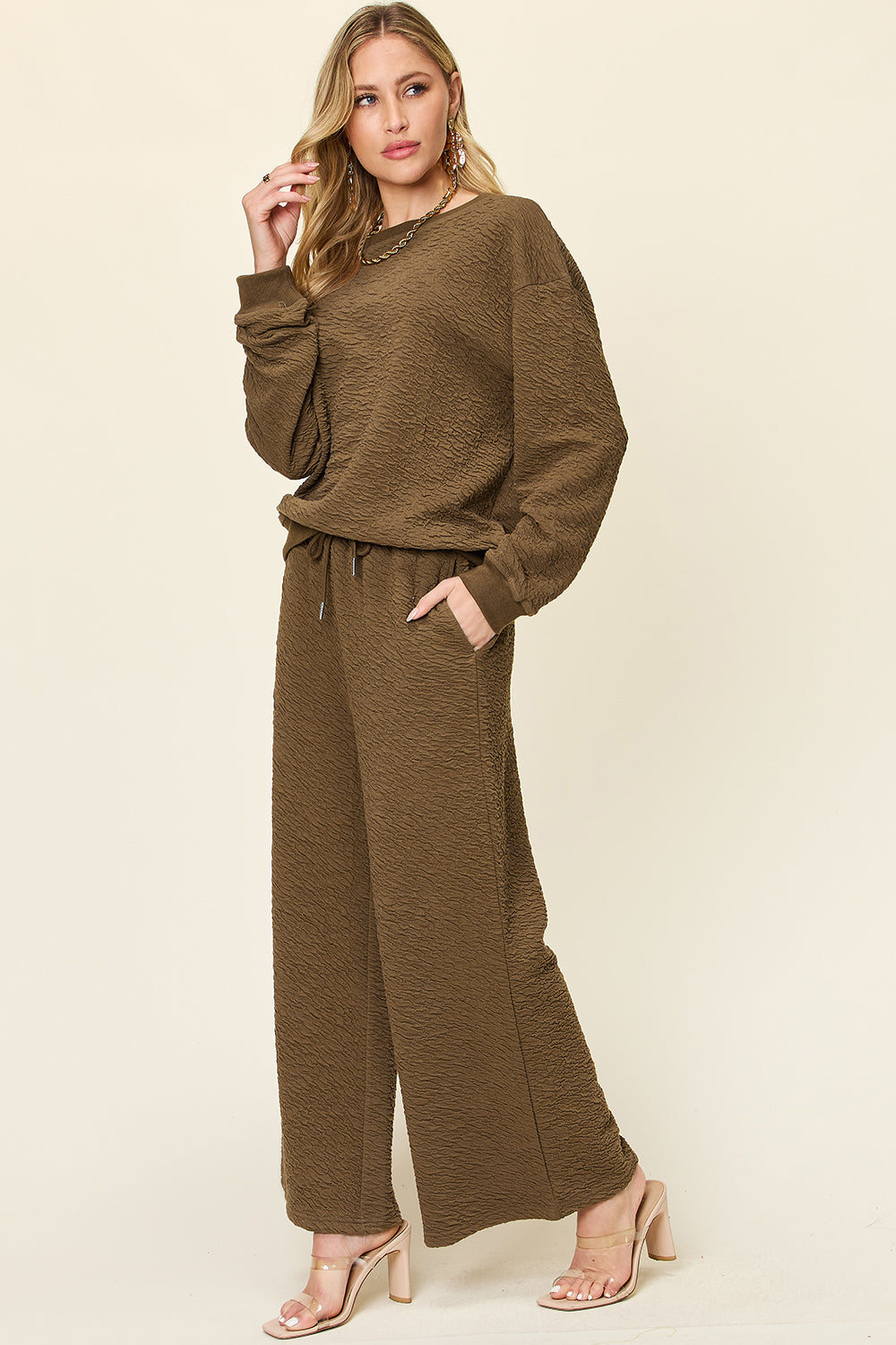 Double Take Full Size Texture Long Sleeve Top and Pants Set - Whateversit