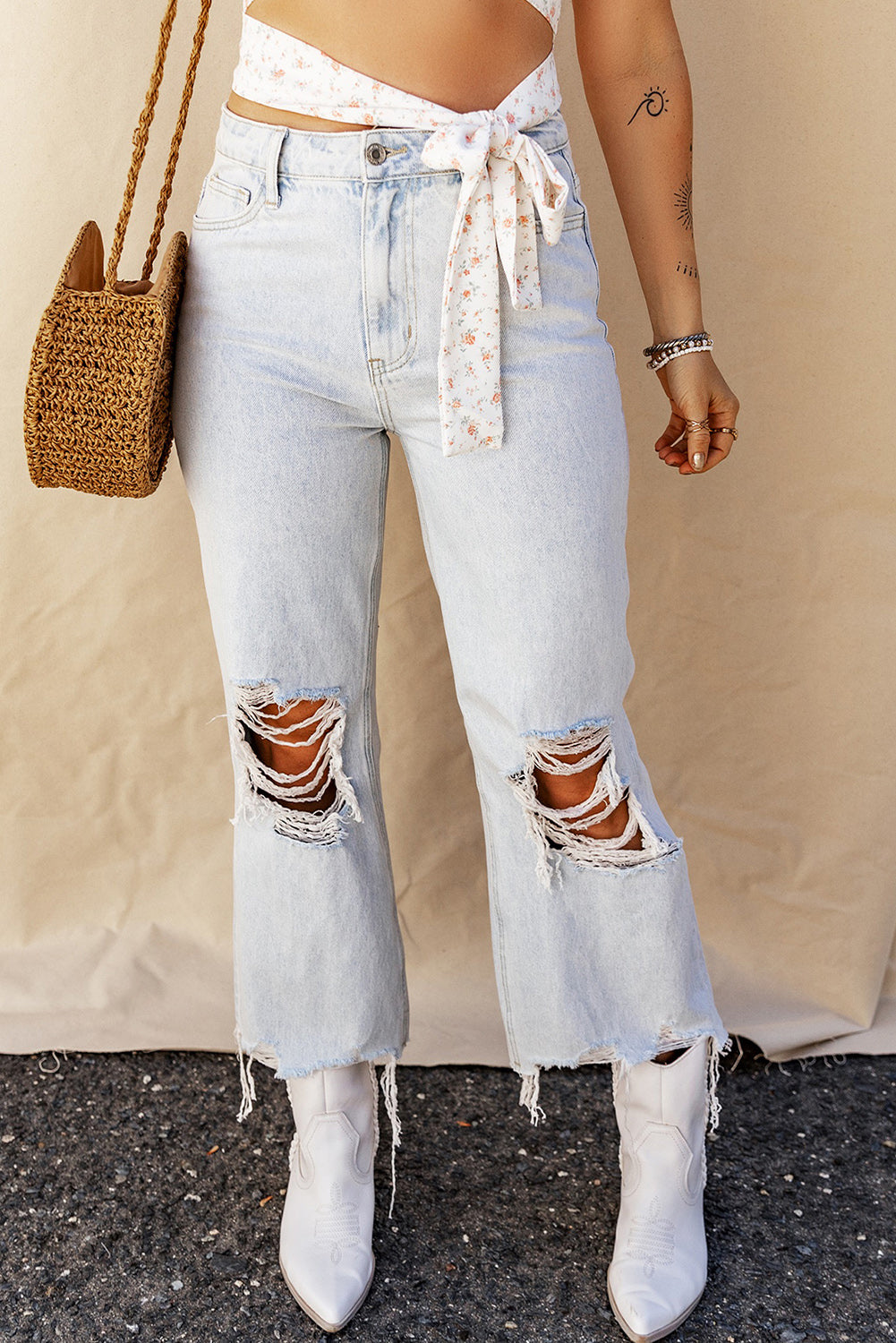 Distressed Raw Hem Jeans with Pockets - Whateversit