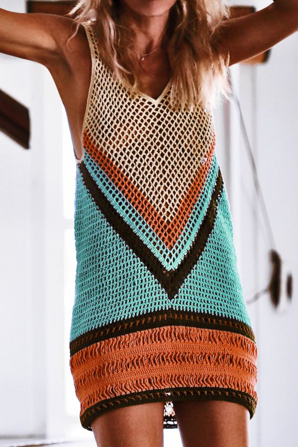 Double Take Openwork V-Neck Tank Knit Cover Up - Whateversit