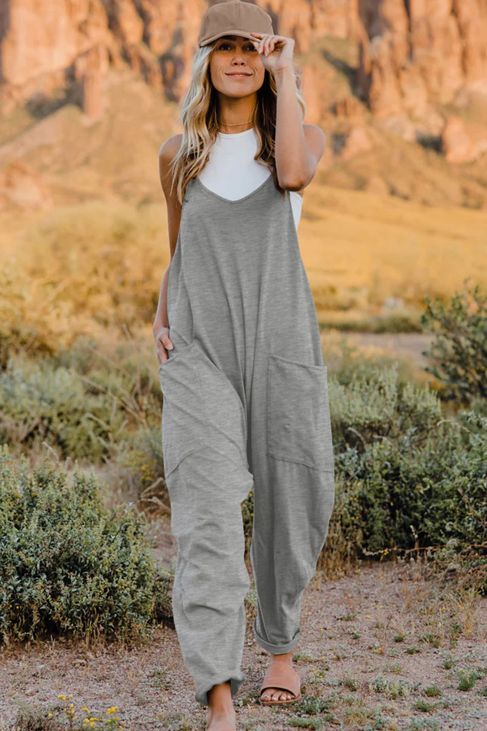 Double Take Full Size V-Neck Sleeveless Jumpsuit with Pockets - Whateversit