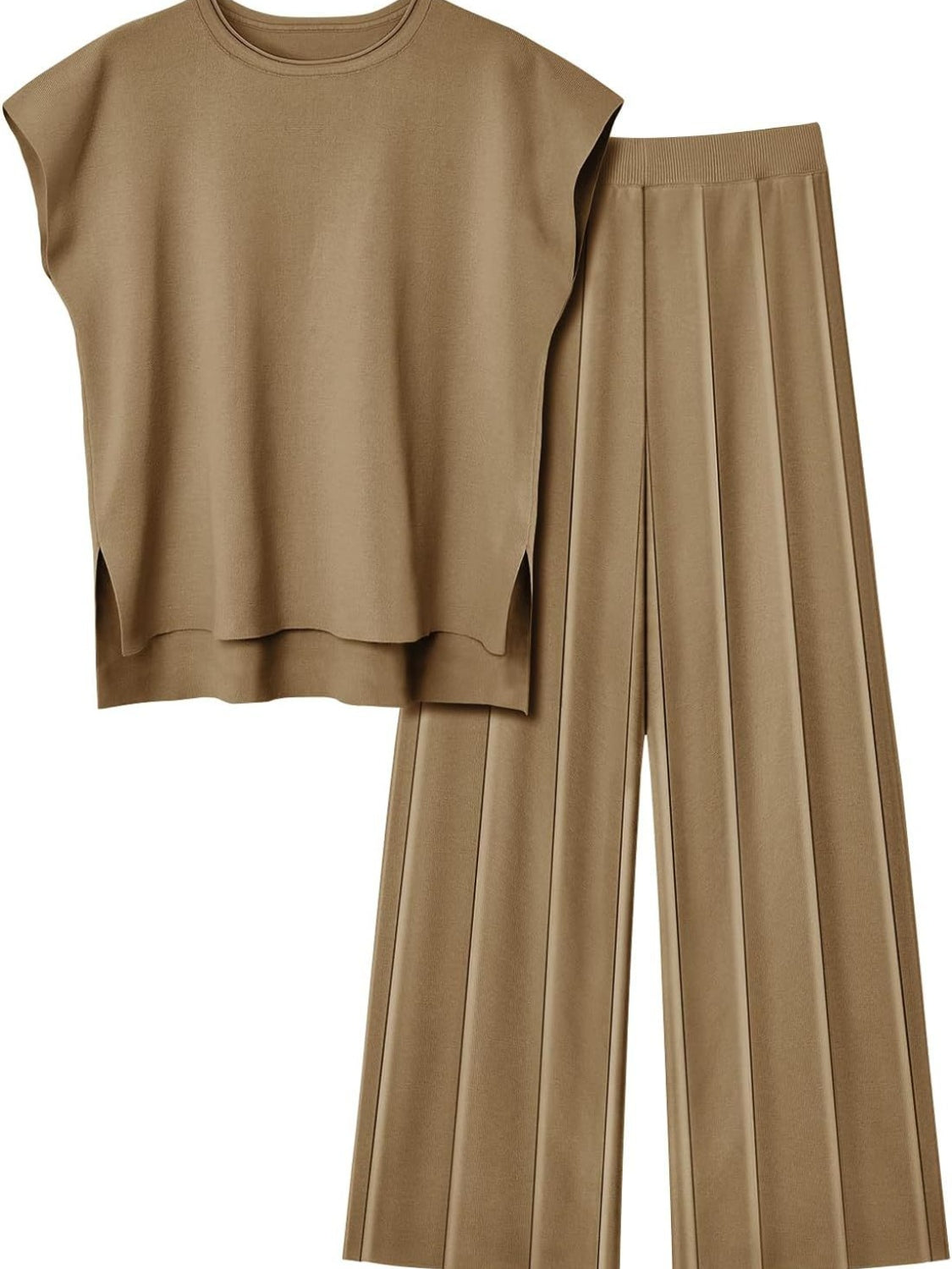 Round Neck Cap Sleeve Top and Pants Knit Set - Whateversit