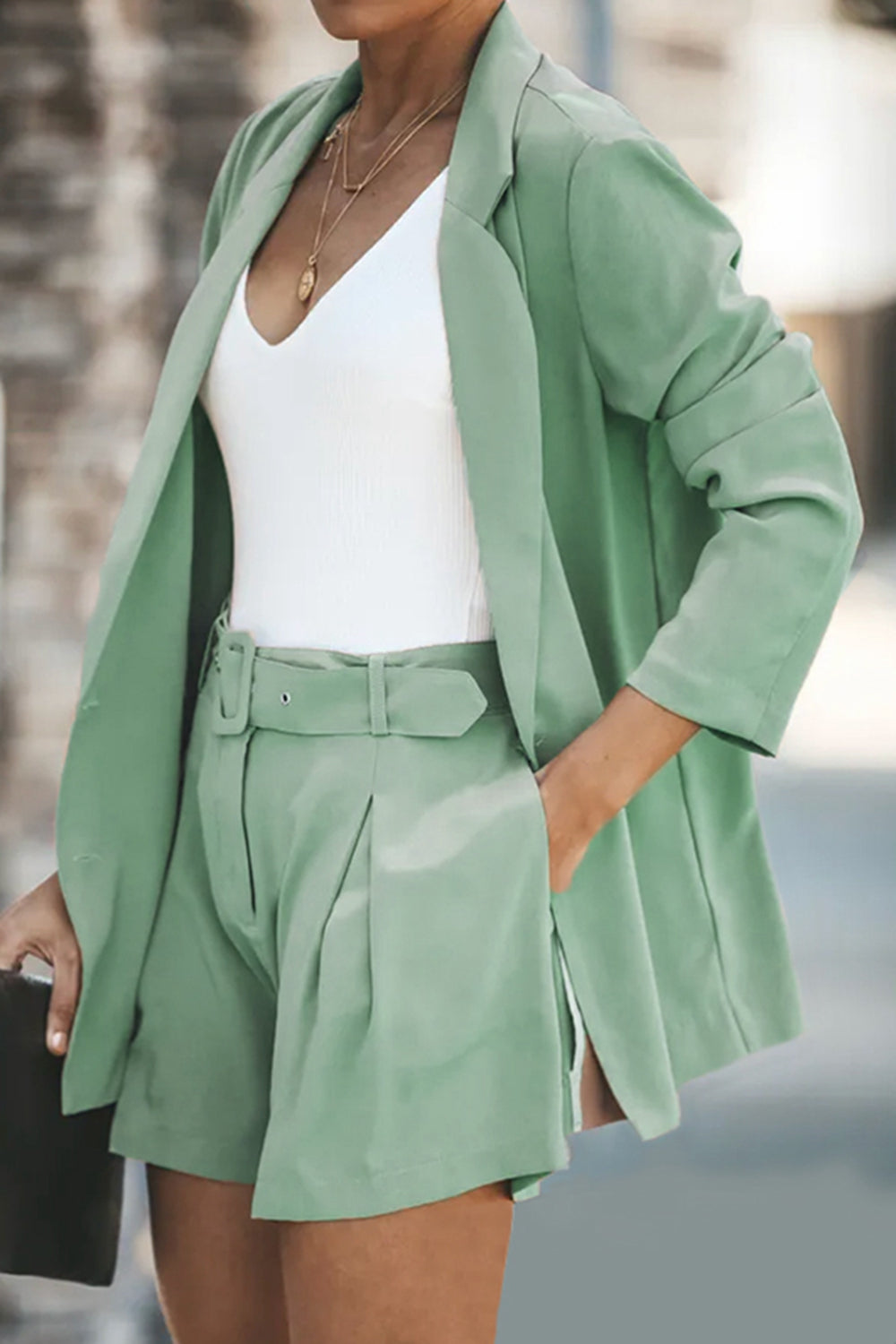 Longline Blazer and Shorts Set with Pockets - Whateversit