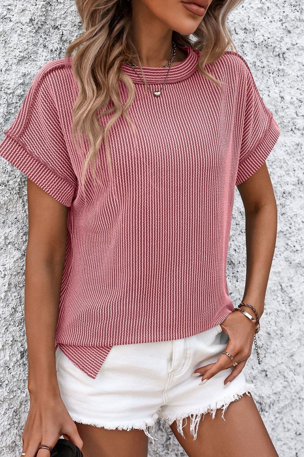 Striped Round Neck Short Sleeve T-Shirt - Whateversit