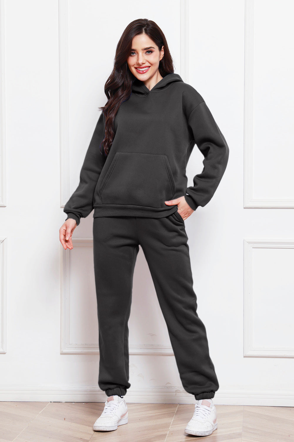 Drop Shoulder Long Sleeve Hoodie and Pants Set - Whateversit
