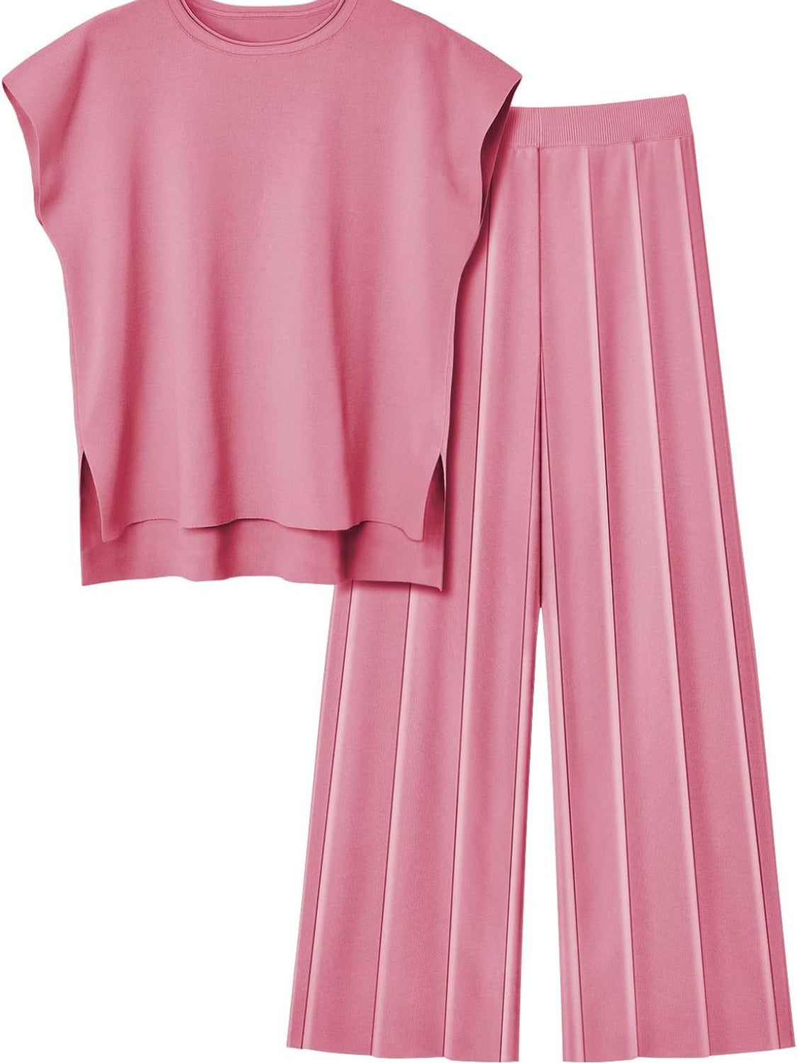 Round Neck Cap Sleeve Top and Pants Knit Set - Whateversit