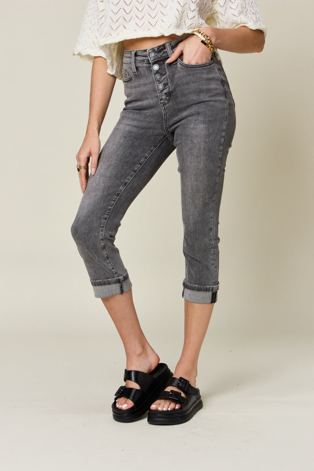 Judy Blue Full Size Button Fly High Waist Cuffed Capris - Whateversit