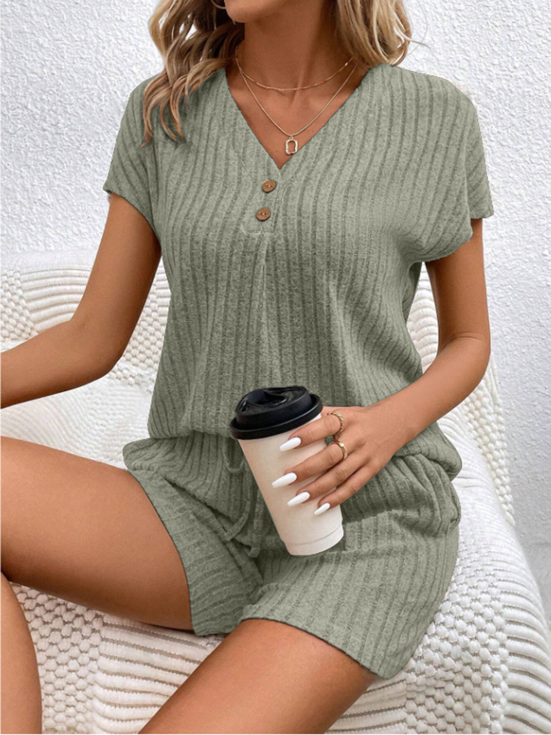 Ribbed V-Neck Top and Shorts Set - Whateversit