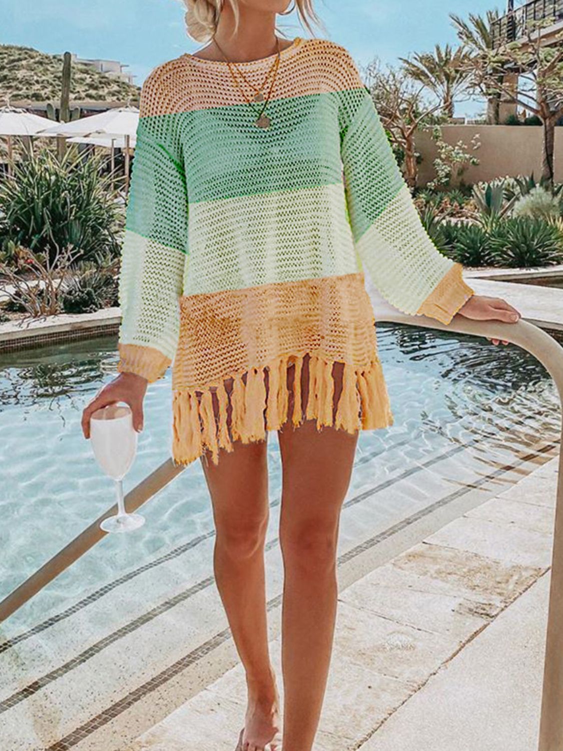 Double Take Openwork Tassel Hem Long Sleeve Knit Cover Up - Whateversit
