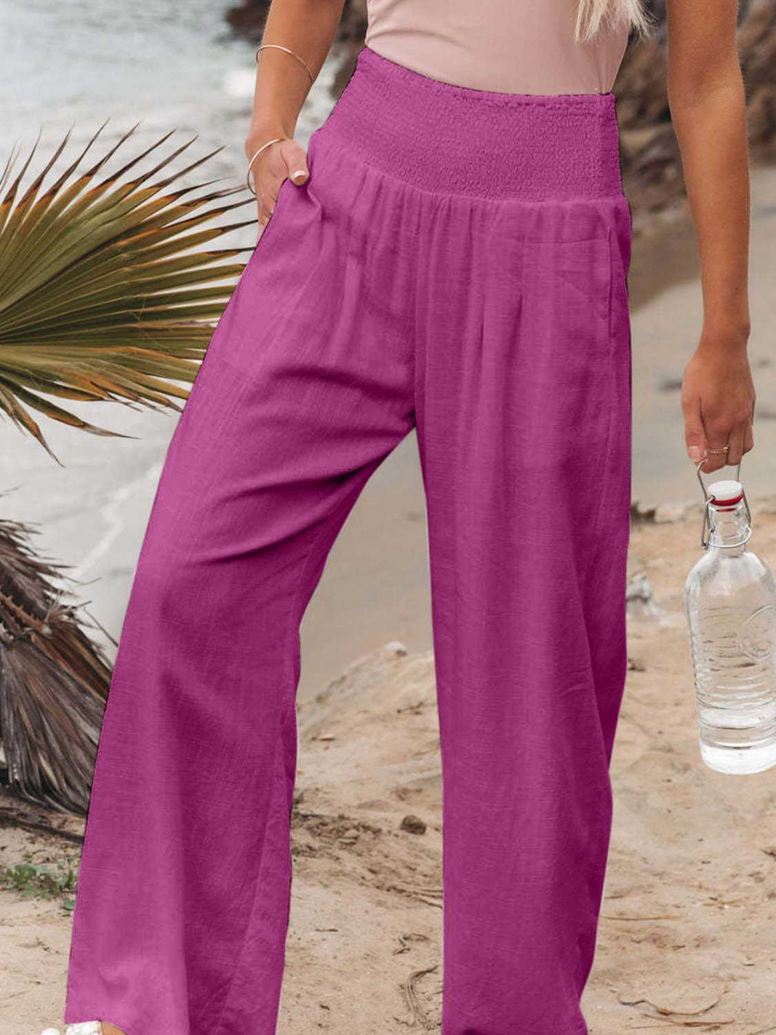 Full Size Smocked Waist Wide Leg Pants - Whateversit
