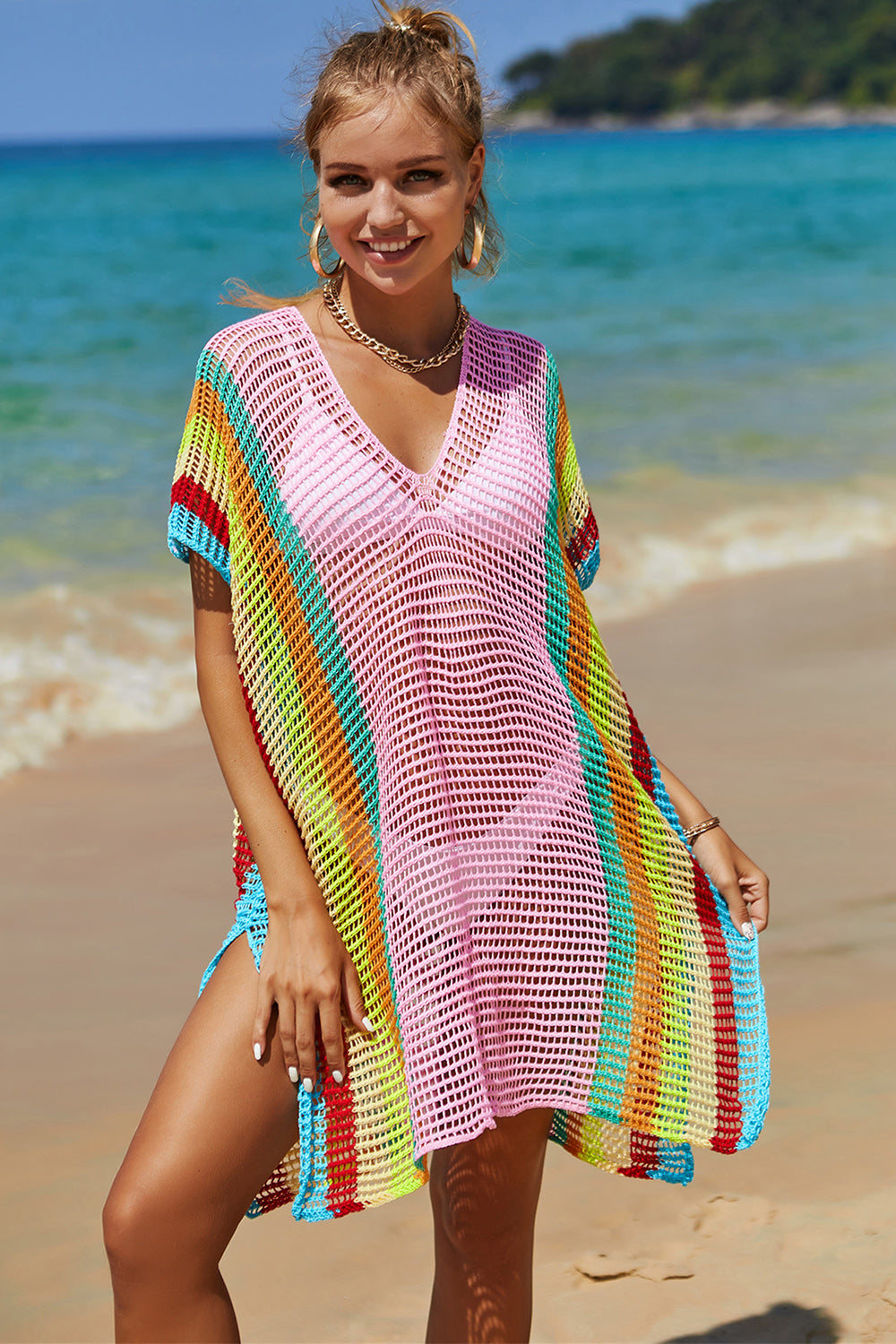 Double Take Openwork Striped Slit Knit Cover Up - Whateversit